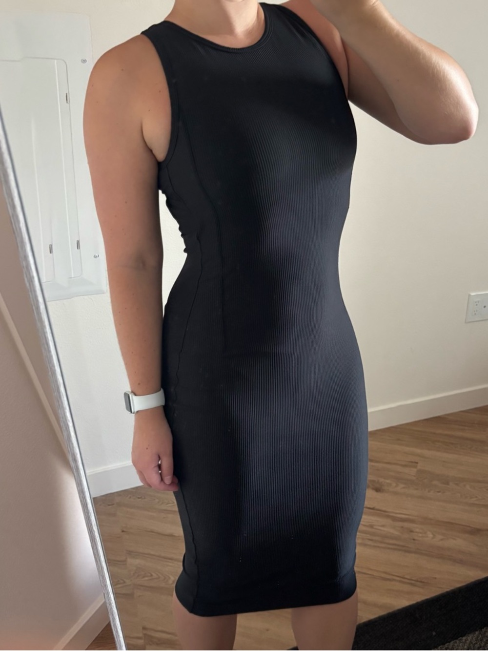 Lululemon Brunch and Back Dress Black midi tight fitting bodycon ribbed size 4